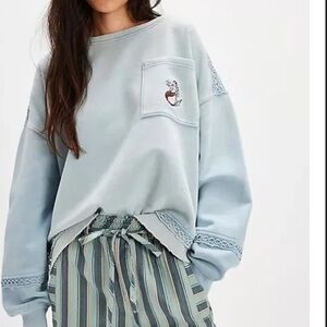 Free People Sky Blue Embroidered Sweatshirt Size M NWT